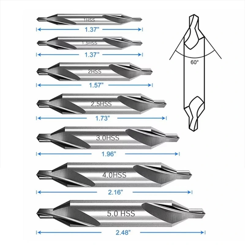 7pcs HSS Center Drill Bits Set 60 Degrees Core Drill Bit Power Tool Metal Drilling For Lathe Metalworking 1/1.5/2/2.5/3/4/5mm,LK-AA218