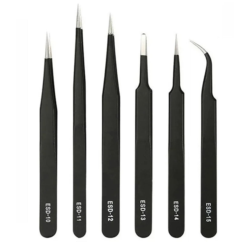 6PCS Anti-Static Stainless Steel Precision Tweezers Set – ESD-Safe Tools for Electronics Repair, Soldering, and Crafts,LK-AA114