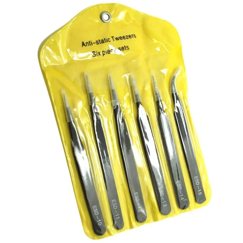 6PCS Anti-Static Stainless Steel Precision Tweezers Set – ESD-Safe Tools for Electronics Repair, Soldering, and Crafts,LK-AA114