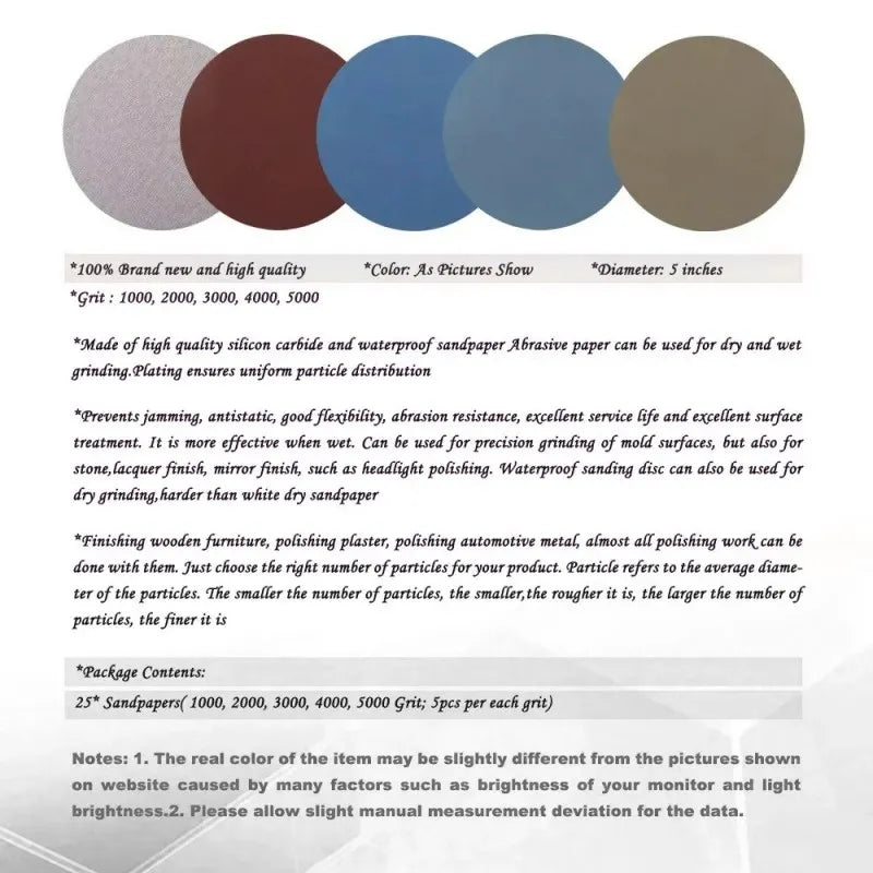 15-Piece Hook and Loop Round Sanding Discs – 125mm, Grit Range 1000 to 5000,LK-AA99