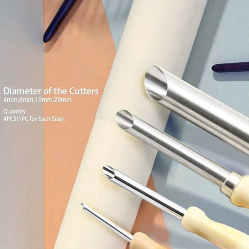 4PCS Tools Stainless Steel Punch Pot Hole Drilling Round Practical Wooden Handle Manual Set White&Silver,LK-AA210