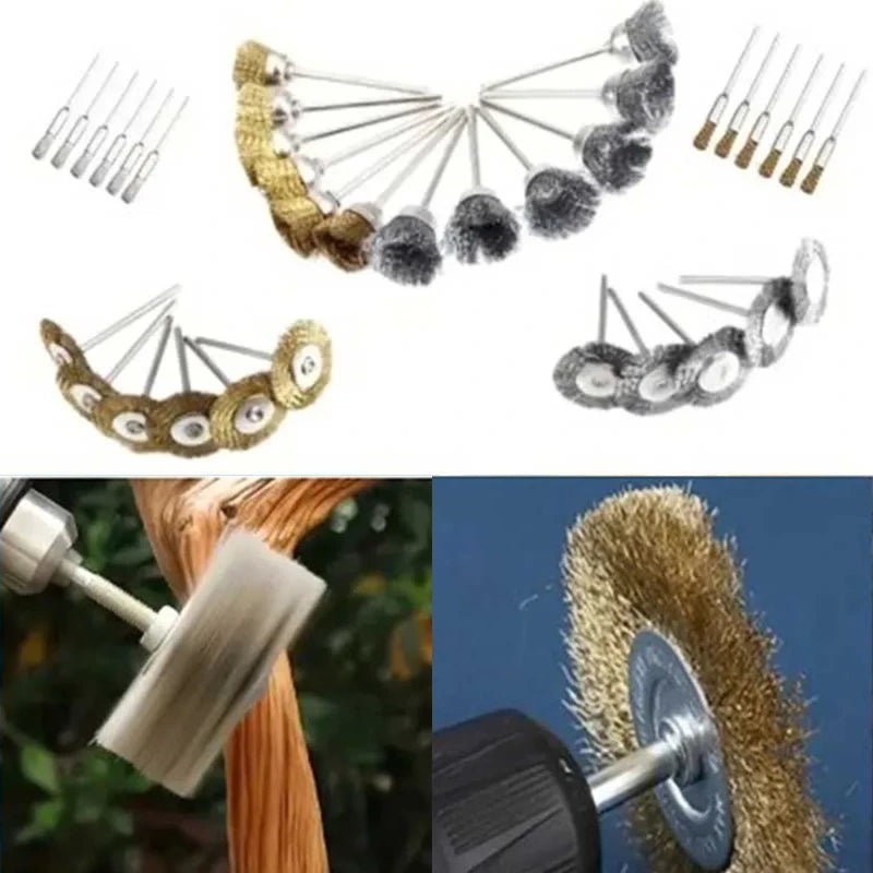 9pcs Steel Wire Brass Brush Rotary Tool Electric Dremel Drill Bit Polishing Grinding Wheel T-shaped Brush Accessories,LK-AA138