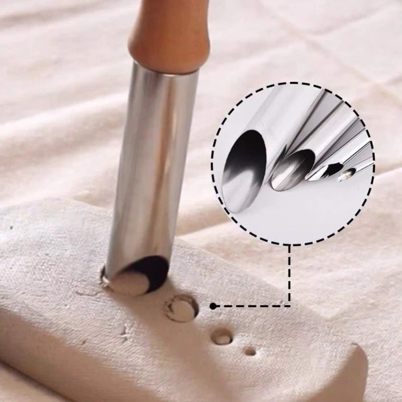 4PCS Tools Stainless Steel Punch Pot Hole Drilling Round Practical Wooden Handle Manual Set White&Silver,LK-AA210