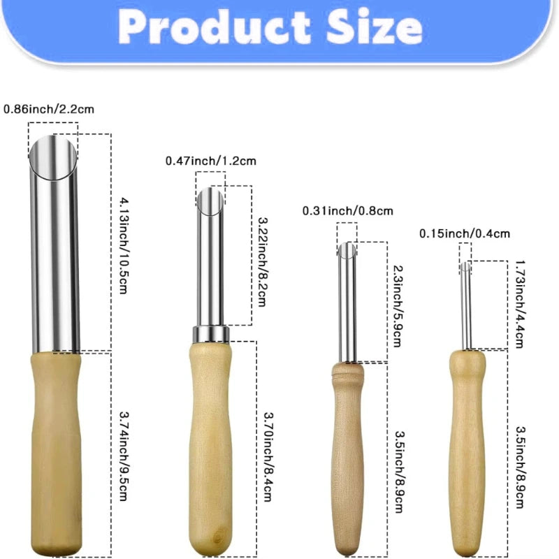 4PCS Tools Stainless Steel Punch Pot Hole Drilling Round Practical Wooden Handle Manual Set White&Silver,LK-AA210