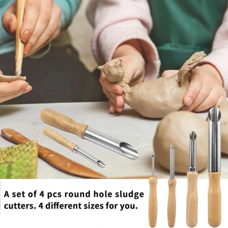 4PCS Tools Stainless Steel Punch Pot Hole Drilling Round Practical Wooden Handle Manual Set White&Silver,LK-AA210