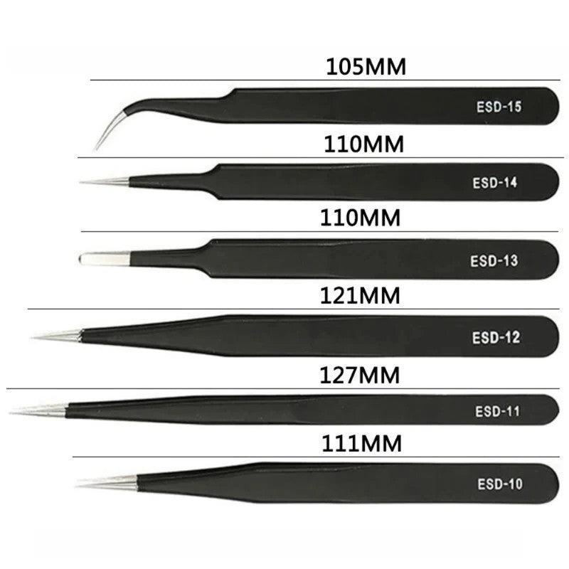 6PCS Anti-Static Stainless Steel Precision Tweezers Set – ESD-Safe Tools for Electronics Repair, Soldering, and Crafts,LK-AA114