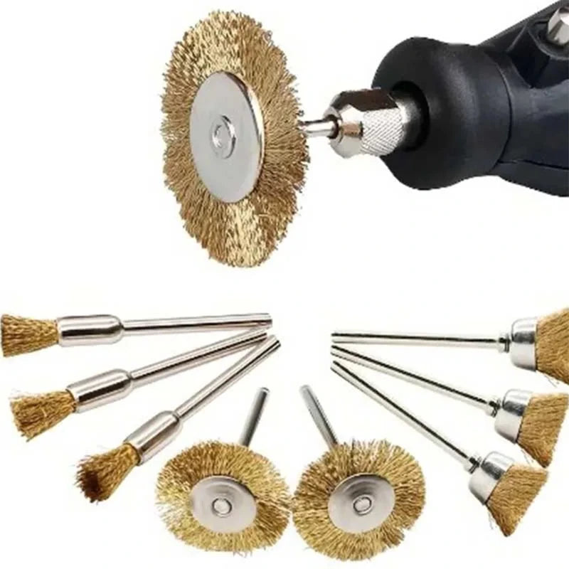 9pcs Steel Wire Brass Brush Rotary Tool Electric Dremel Drill Bit Polishing Grinding Wheel T-shaped Brush Accessories,LK-AA138