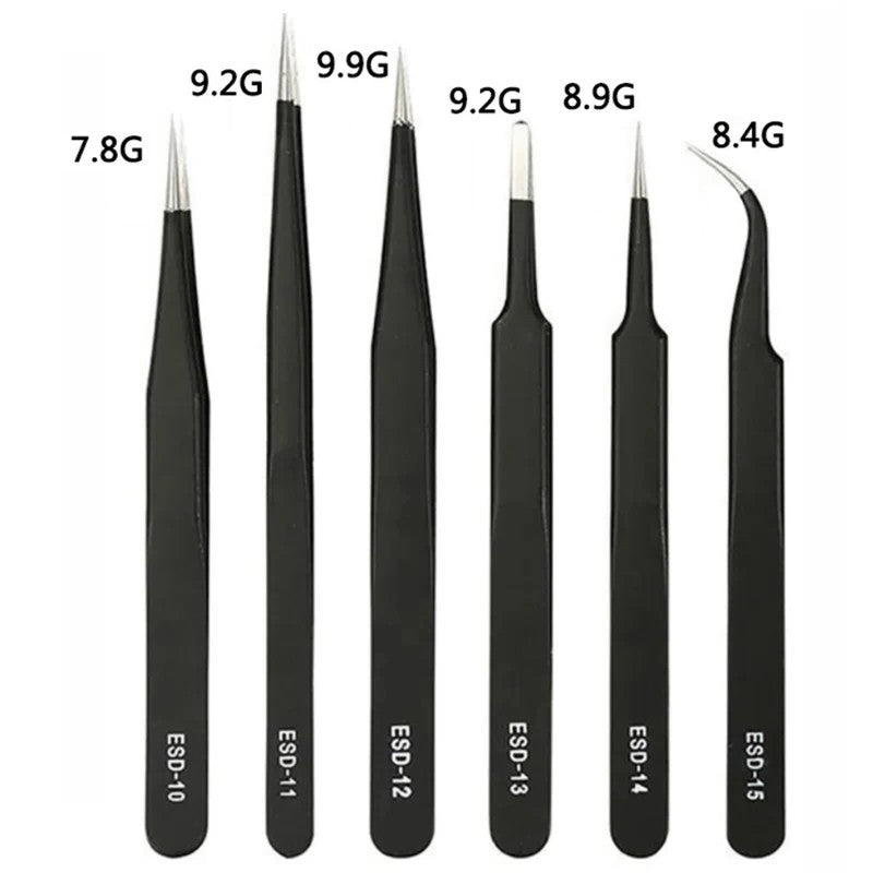 6PCS Anti-Static Stainless Steel Precision Tweezers Set – ESD-Safe Tools for Electronics Repair, Soldering, and Crafts,LK-AA114